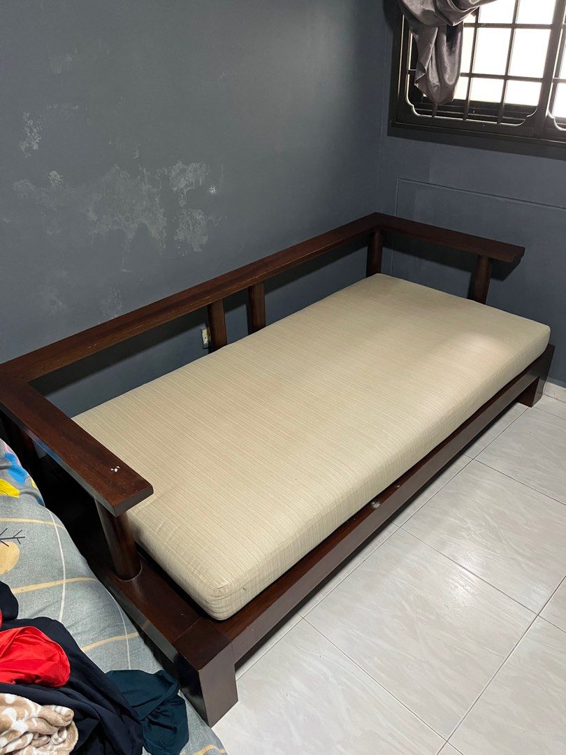 Solid wooden sofa with one long cushion, Furniture & Home Living