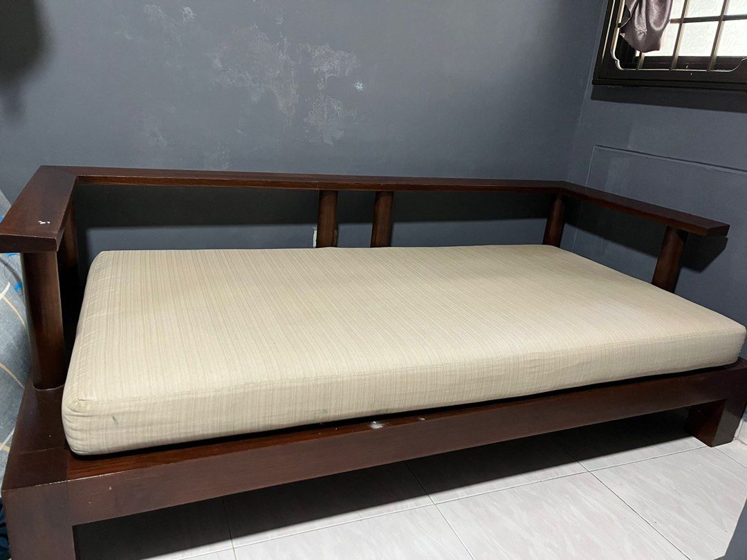 Solid wooden sofa with one long cushion, Furniture & Home Living