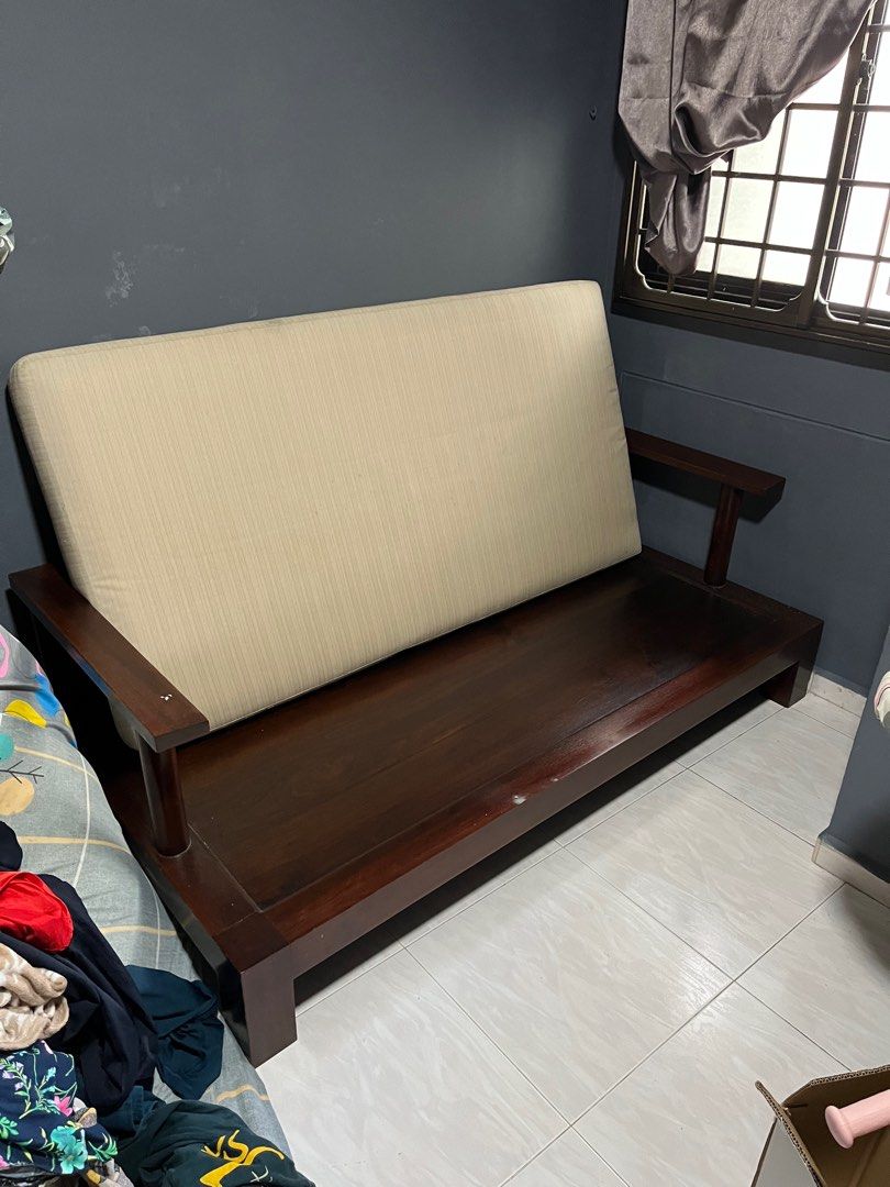 Solid wooden sofa with one long cushion, Furniture & Home Living