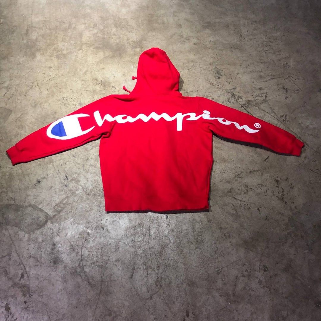 Red champion supreme hoodie hotsell