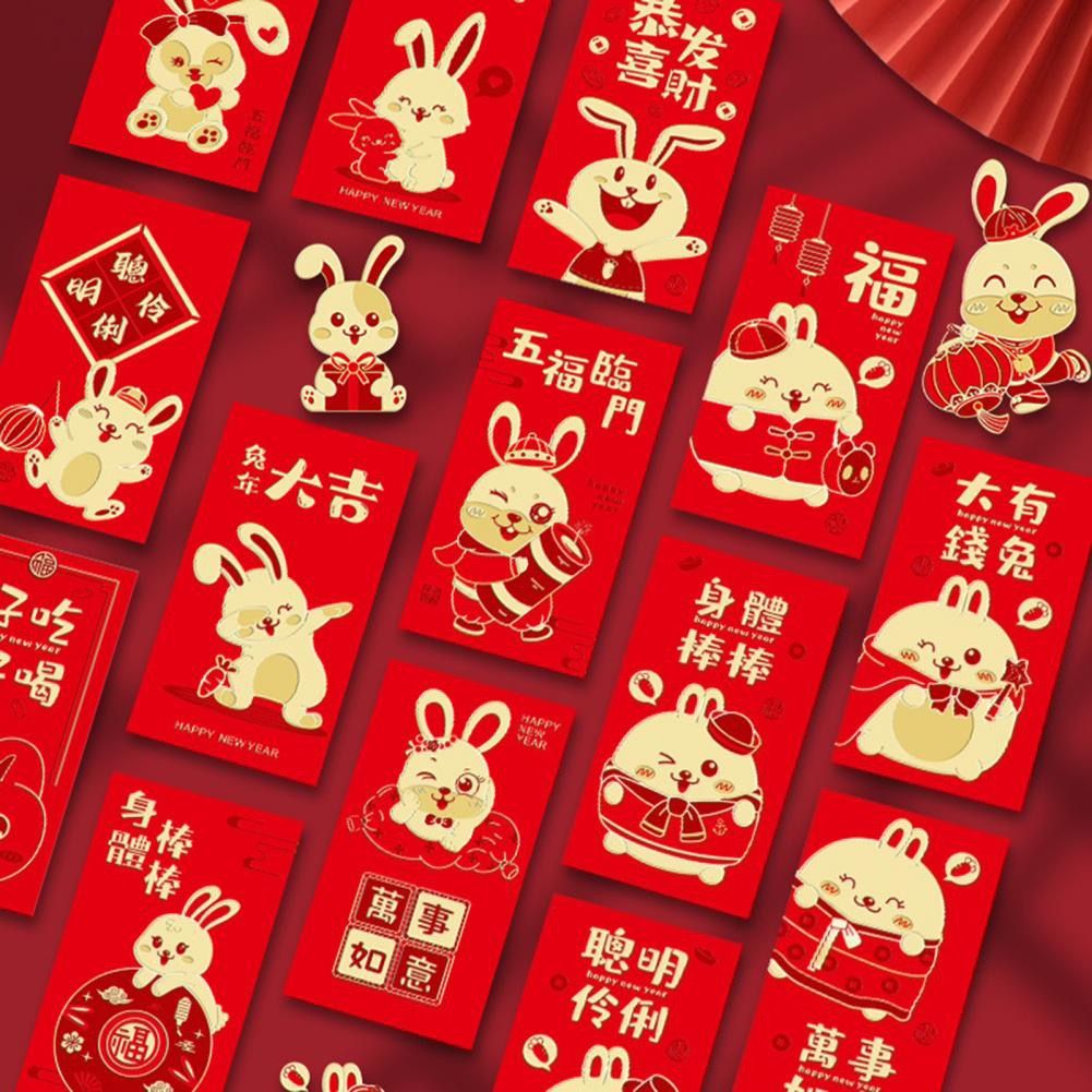 18 Pcs Chinese Red Envelopes Cute Rabbit Hongbao For 2023 New Year