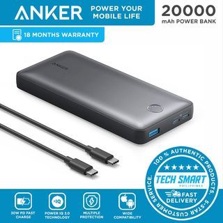 Anker 535 Power Bank (PowerCore 20K) with PD 30W Max Output, Power IQ 3.0 Portable Charger, 20,000mAh Battery Pack for iPhone 14/13 Series, iPad Pro, MacBook, Dell, Microsoft Surface, and More