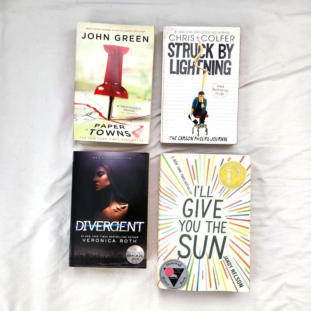 Assorted books (Category: Storybooks) located in Cainta. Submitted by andrthings (Listing ID 1202098363, Image 1). Description: Paper Towns by John Green - P250 Struck by Lightning by Chris Colfer - P250 Divergent by Veronica Roth - P250 I'll give you the Sun by Jandy Nelson - P350 Books are in good condition overall, but with discoloration on the sides..