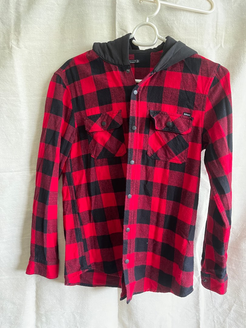 Bershka plaid red hoodie lumber jacket, Men's Fashion, Coats, Jackets