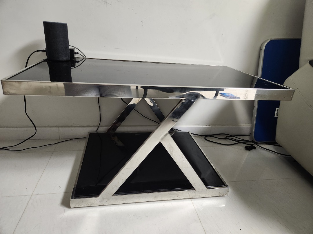 Black toughen glass steel frame coffee table, Furniture & Home Living