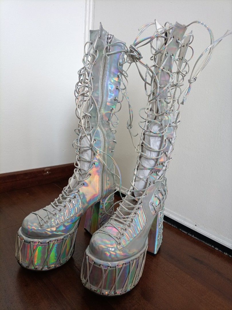 Club Exx Holographic Boots, Women's Fashion, Footwear, Boots on Carousell