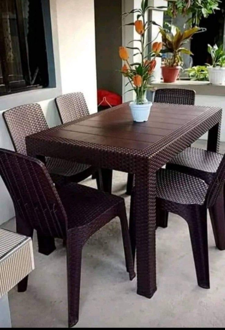 dinning set (Category: Tables & Sets) located in Quezon City. Submitted by shie_123 (Listing ID 1202235278, Image 1). Description: rattan Inspired plastic monoblocks table and chairs quality at its finest. 36x48" 6seater 3999.99 plus delivery fee from Novaliches bayan Qc.