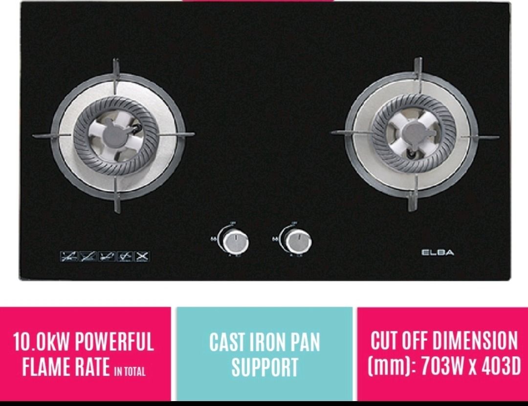 Elba 5.0kW 2 Burner Built In Glass Hob EGHK8842G(BK) Cast Iron Pan
