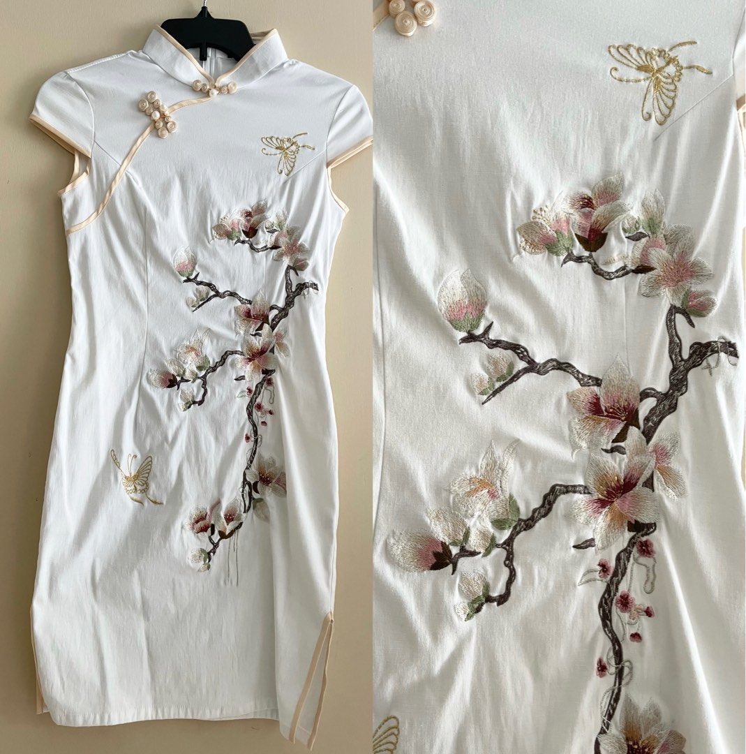 FREE SHIPPING Eastern Classic White Embroidery Qipao Cheongsam, Women