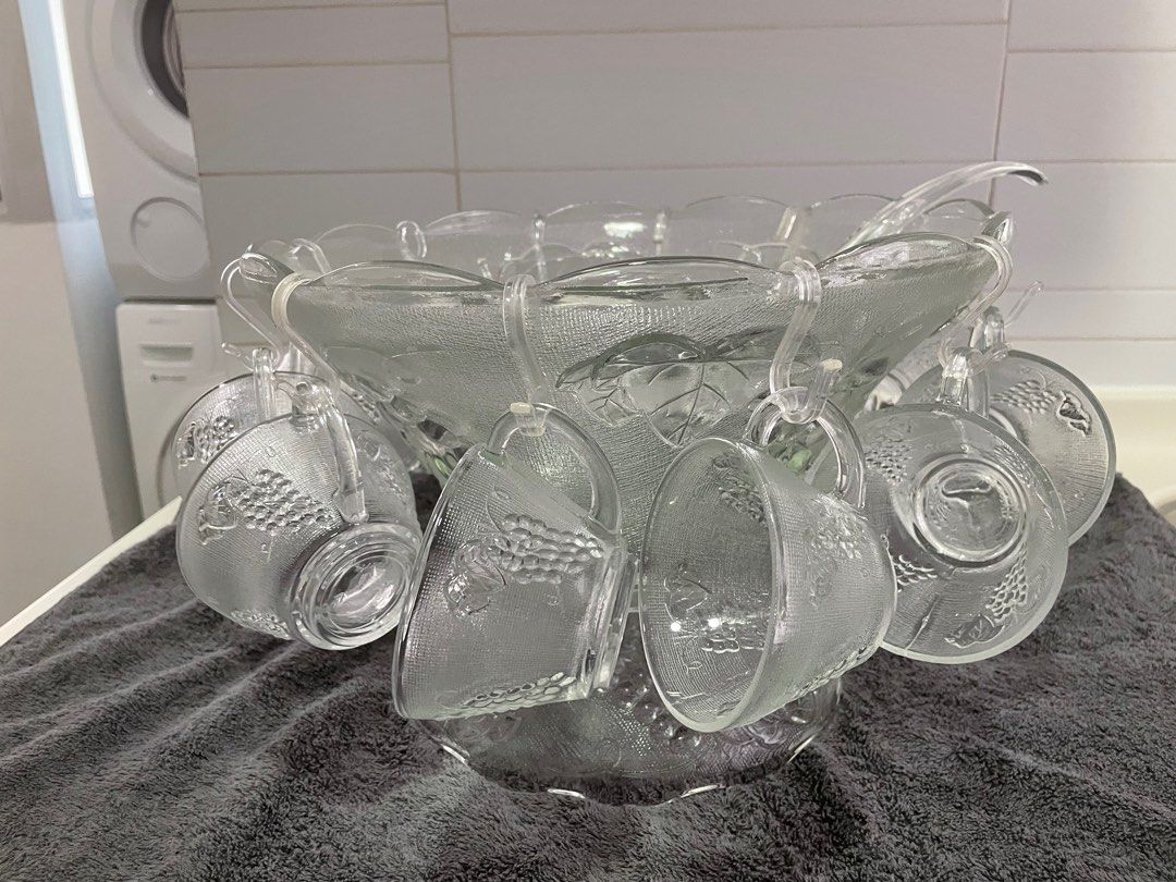 Glass punch bowl 12 glasses with laddle, Furniture & Home Living