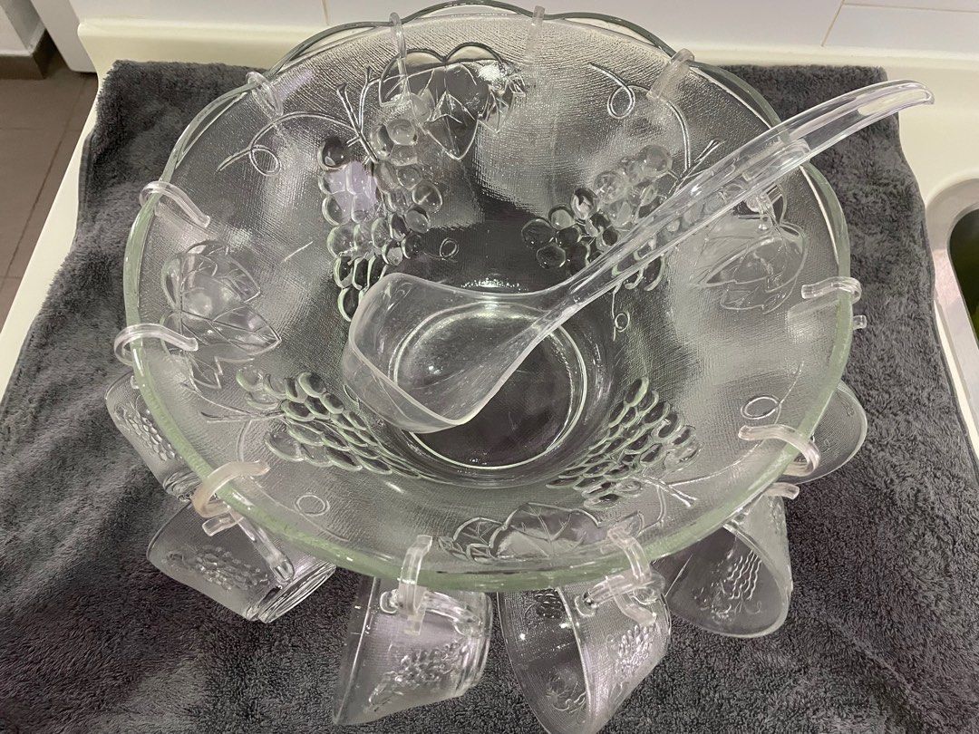 Glass punch bowl 12 glasses with laddle, Furniture & Home Living