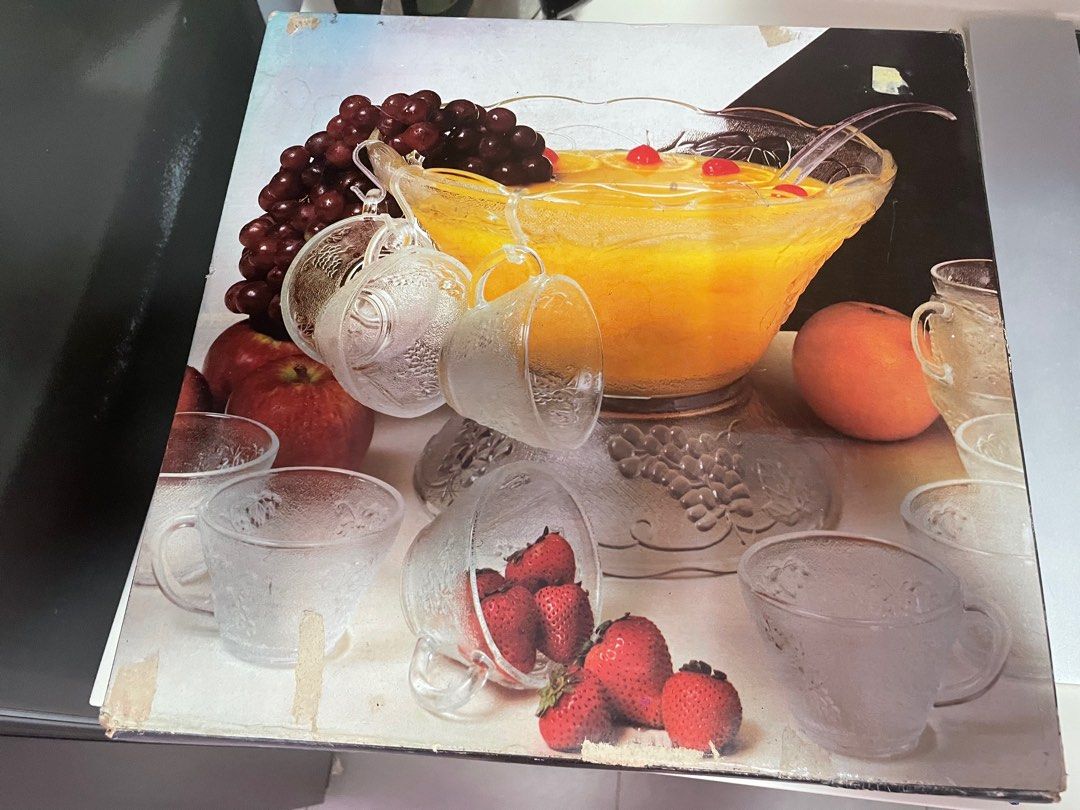 Glass punch bowl 12 glasses with laddle, Furniture & Home Living