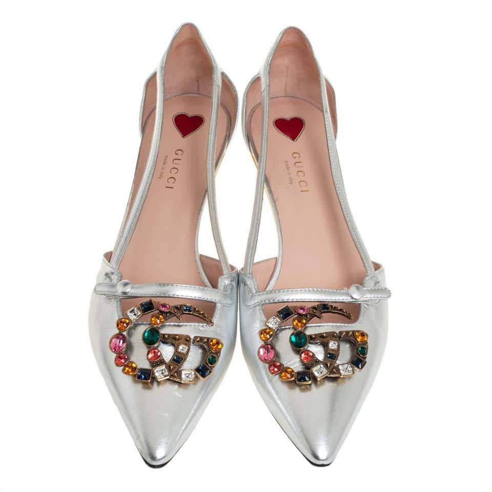Gucci Silver Leather GG Crystal Bamboo Heel Pumps Luxury
