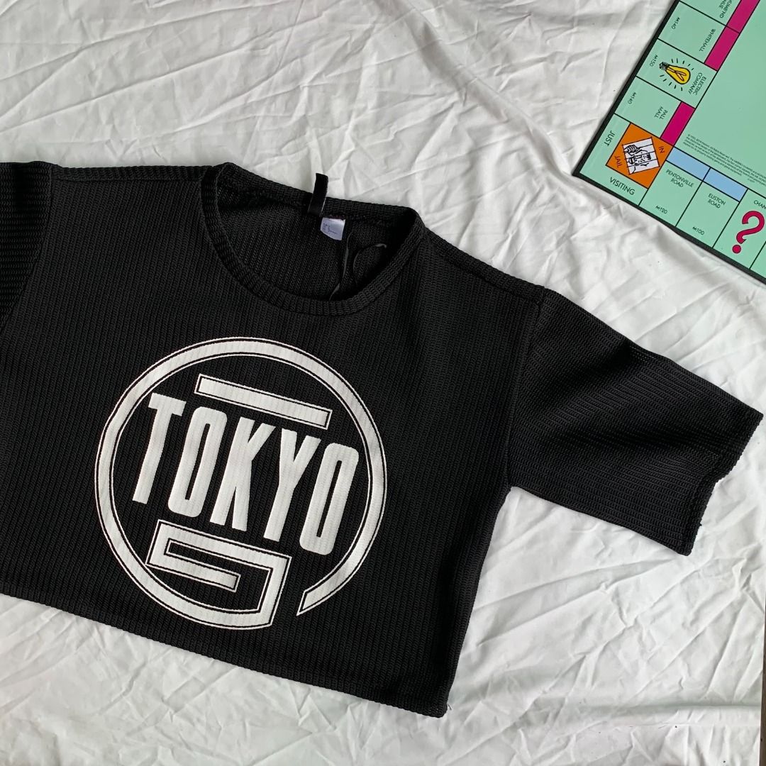 H M Kaos Tokyo Crop Tee Hitam Fesyen Wanita Pakaian Wanita