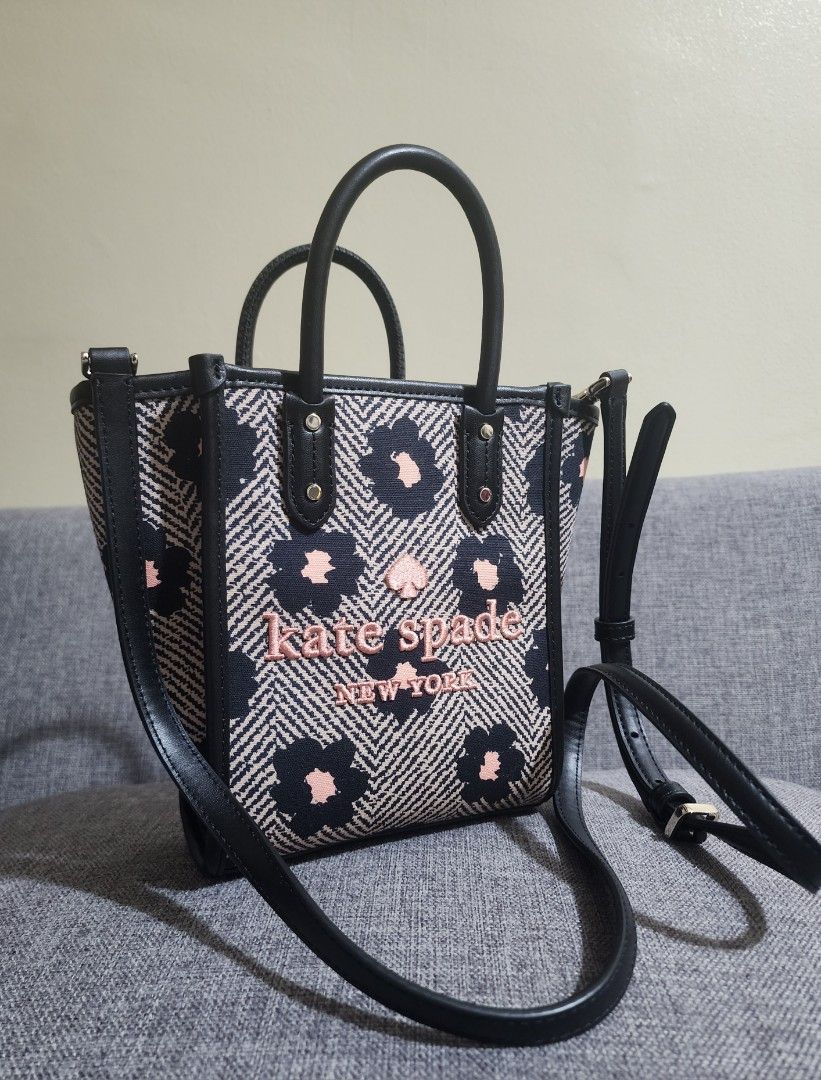 Kate Spade Ella Herringbone Floral Small Canvas Printed Crossbody Tote  Handbag