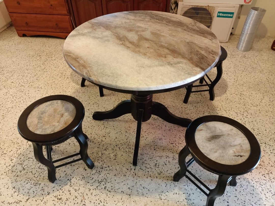 Marble dining table & marble stools (in Penang), Furniture & Home