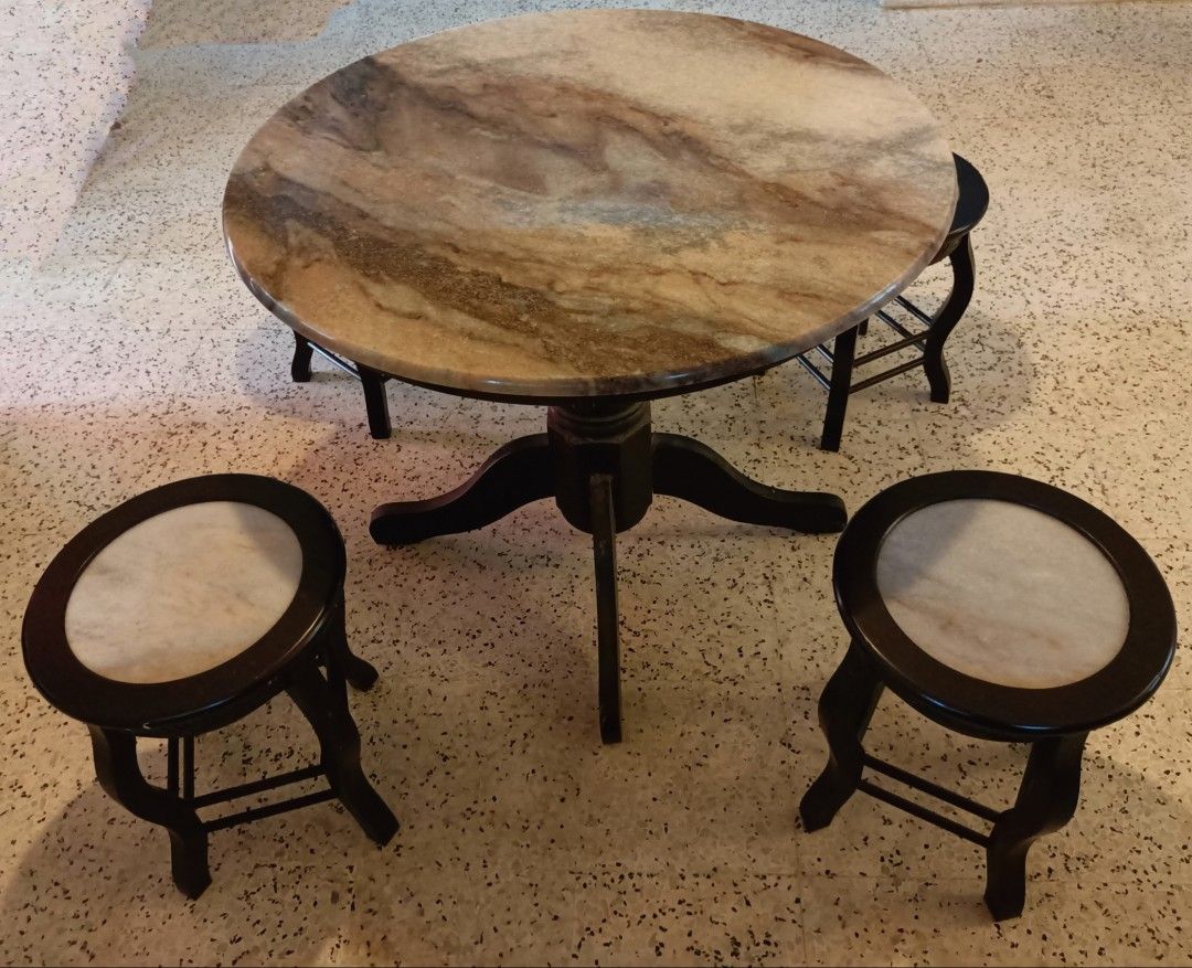 Marble dining table & marble stools (in Penang), Furniture & Home