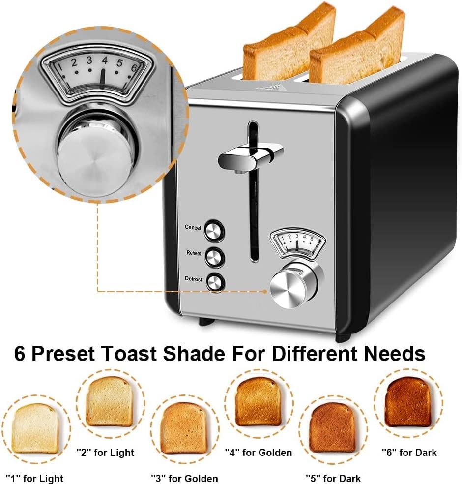 MIC Toaster 2 Slice Wide Slot, 6 Browning Settings,Polished Stainless