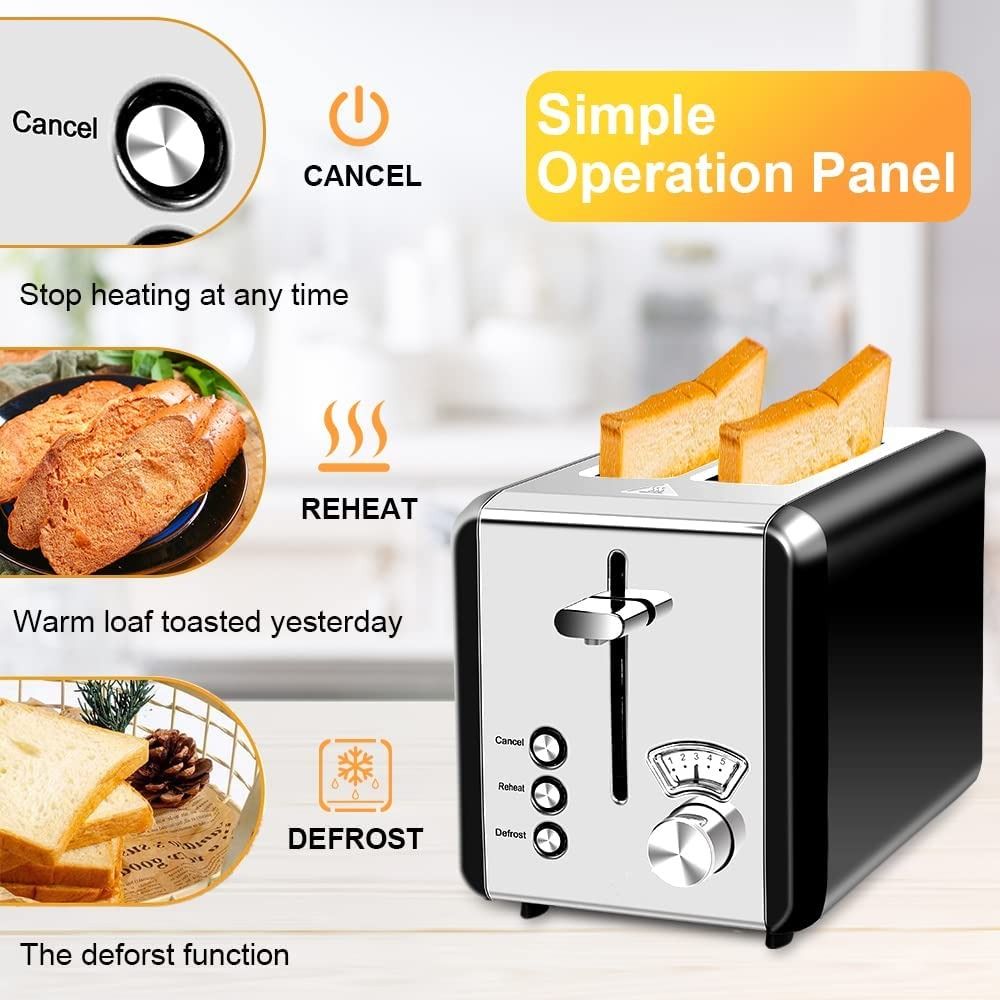 MIC Toaster 2 Slice Wide Slot, 6 Browning Settings,Polished Stainless