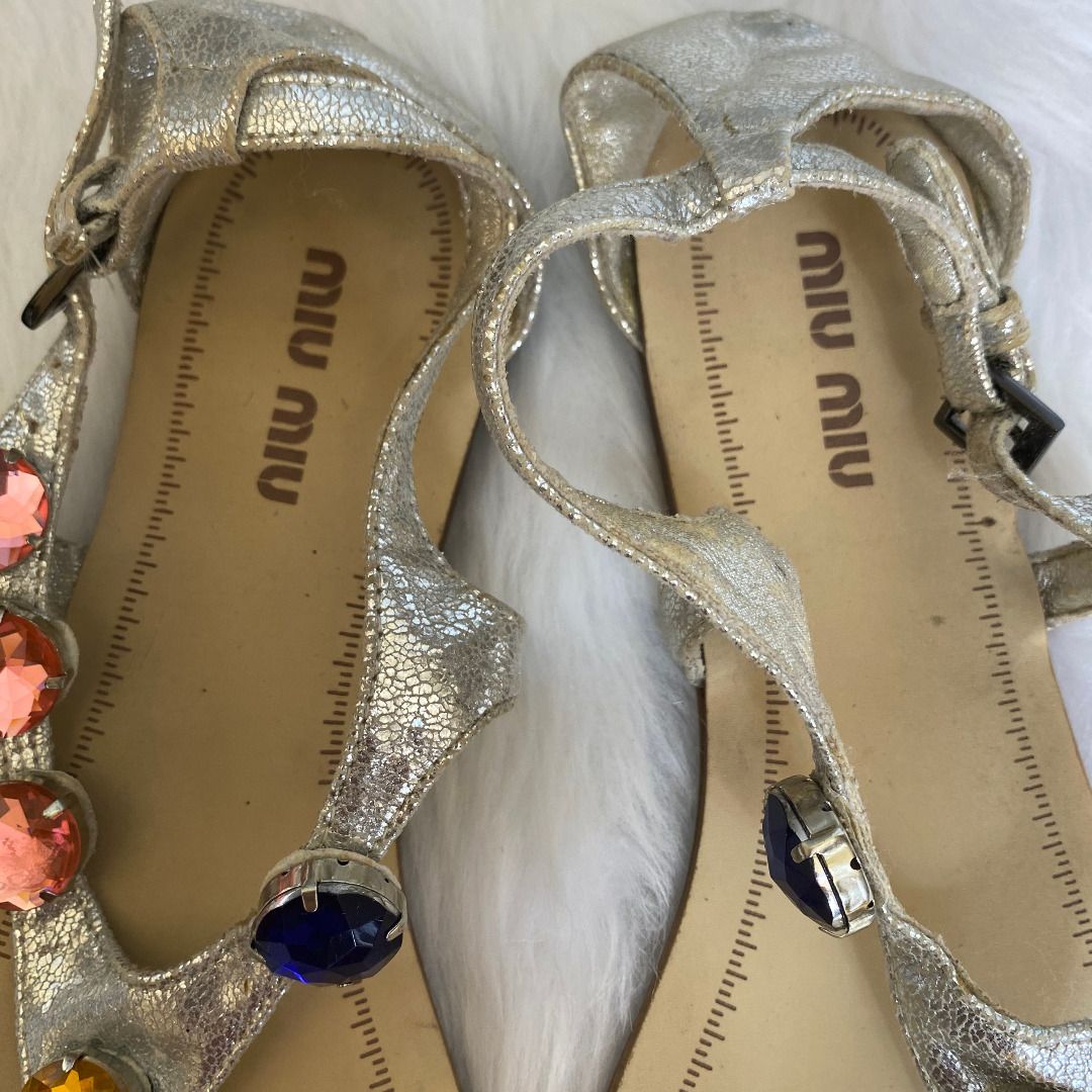 Miu Miu Silver Crystal Embellished Leather Thong Sandals, Women's Fashion, Footwear, Flats ...