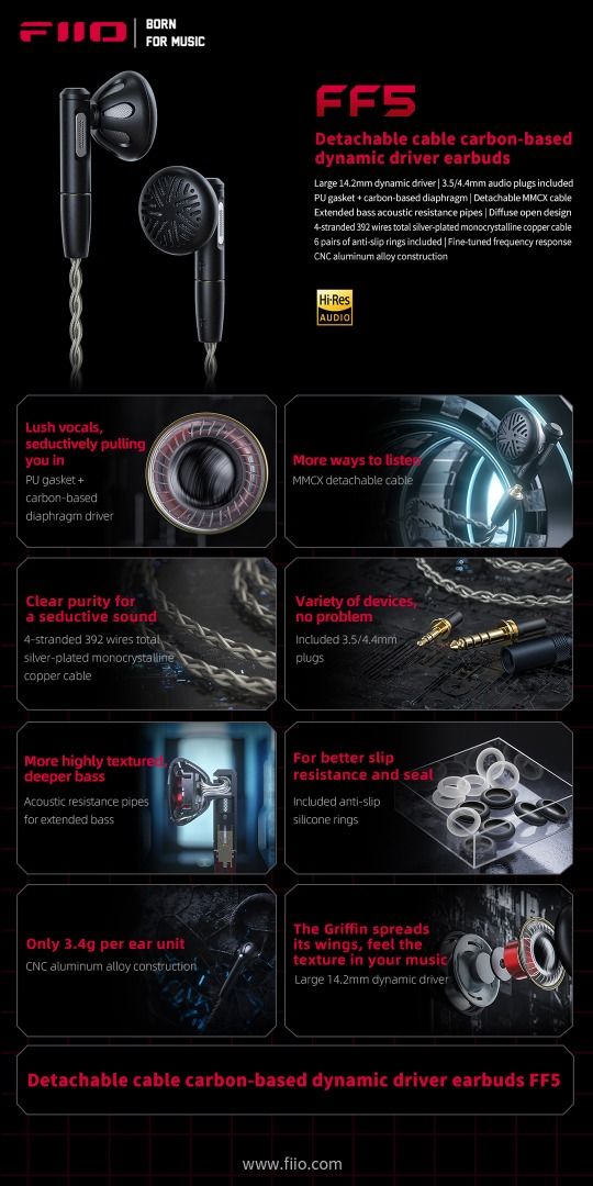 thumbnail image 2 of FiiO FF5 Carbon Dynamic Driver Earbuds – Aluminum Shell, 3.5mm/4.4mm, Open Box 2 of 3