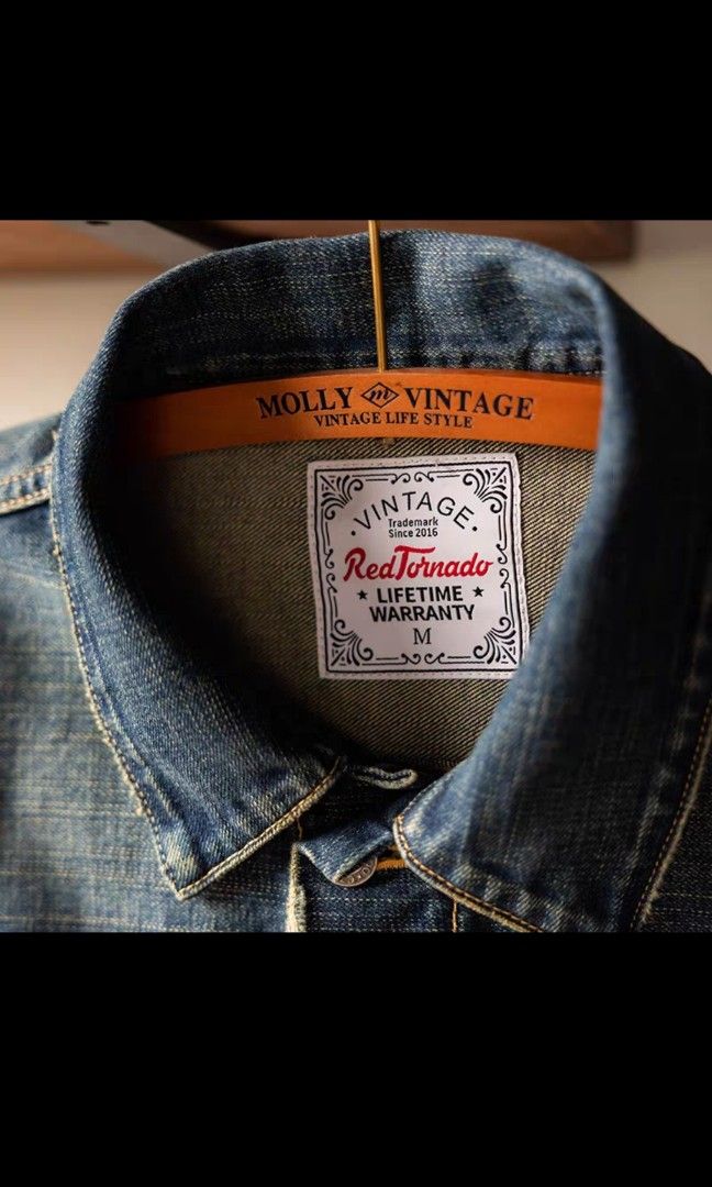 Red distressed denim jacket sale