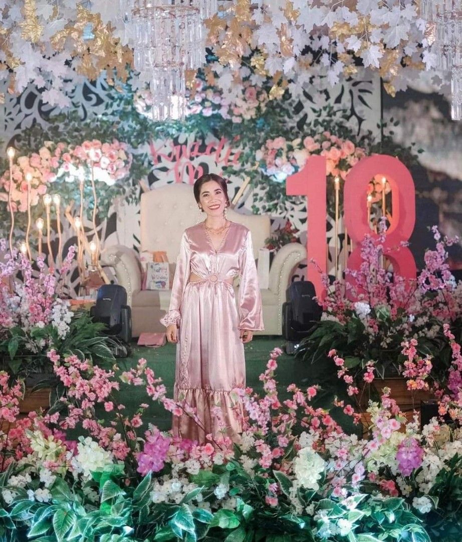 Shein Blush pink satin long gown, Women's Fashion, Dresses & Sets