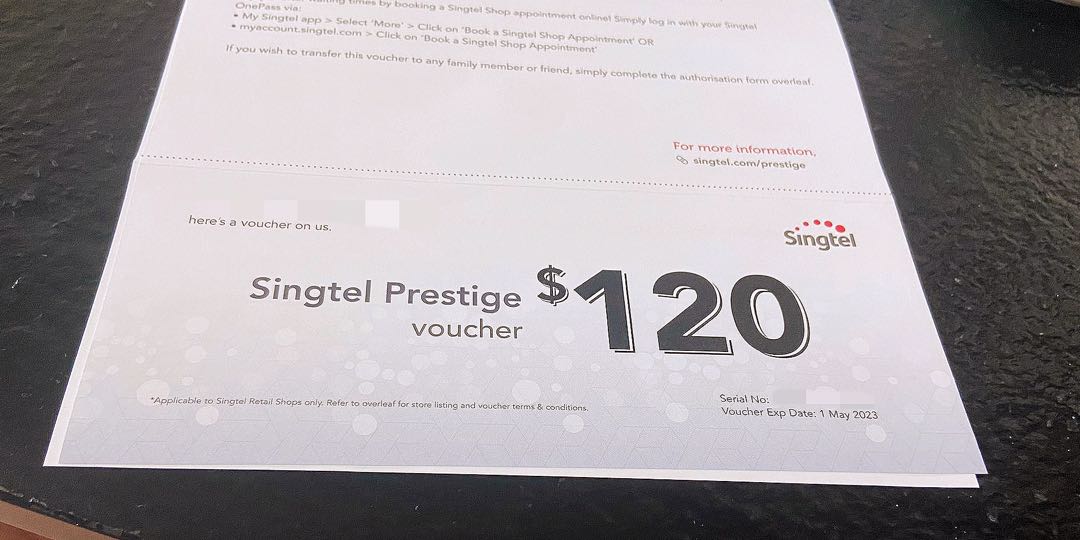 Singtel Prestige $120 voucher, Tickets & Vouchers, Vouchers on Carousell