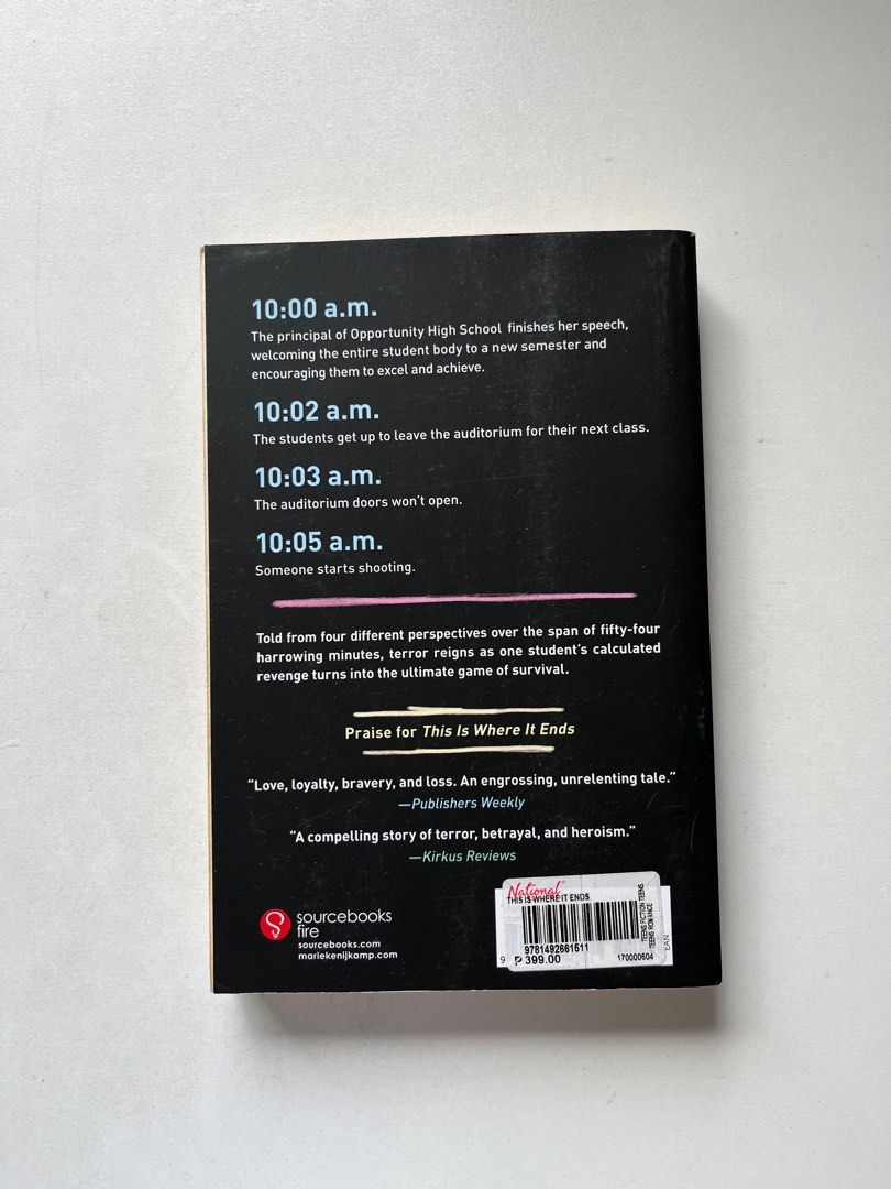 this is where it ends by marieke nijkamp (Category: Storybooks) located in Quezon City. Submitted by poppy.declutter (Listing ID 1202131919, Image 3). Description: this is where it ends by marieke nijkamp price - 200 with slight yellowing but still in vgc *all angles of the book are already posted! ☺️ MOP: gcash, bdo MOD: grab, lalamove, shopee checkout (no bubble wraps, only using thick manila papers).