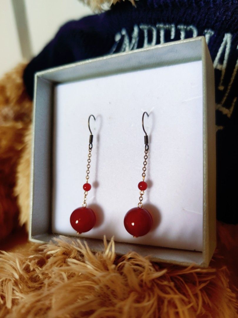 Vintage Chinese Red Jade Dangling Earrings