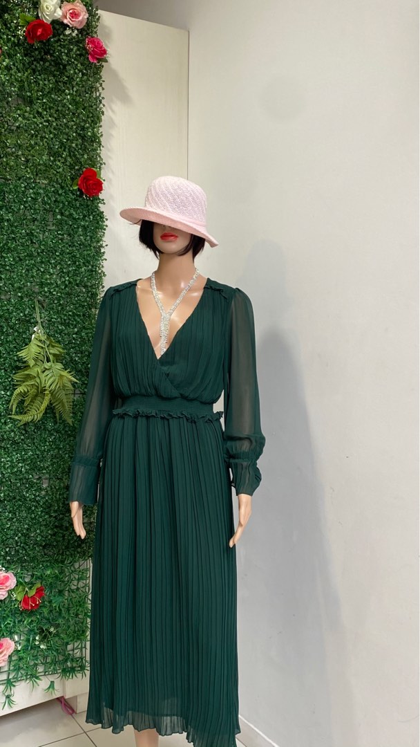 Green pleated zara dress store