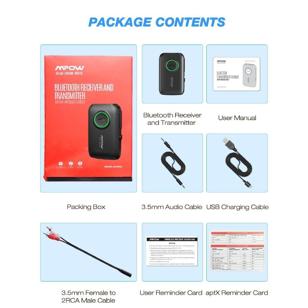 3440 MPOW BH390A Bluetooth Transmitter Receiver Wireless 3.5mm Adapter with Bluetooth 5.0 aptX Low Latency aptX HD cVc 8.0 Noise Cancelling Dual Link for Car Home Stereo System Nintendo Switch More Au...