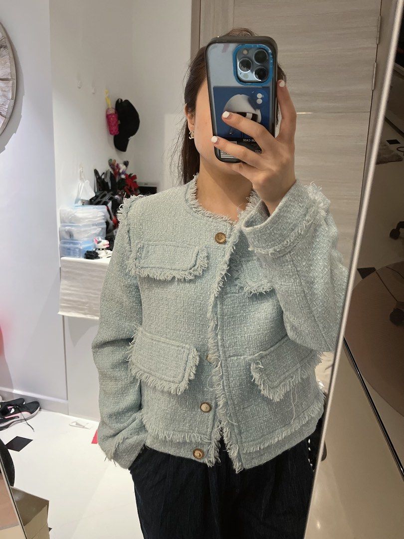 Baby blue tweed jacket premium quality Women s Fashion Coats Jackets and Outerwear on Carousell