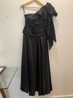 black asymmetrical shoulder bow evening gown