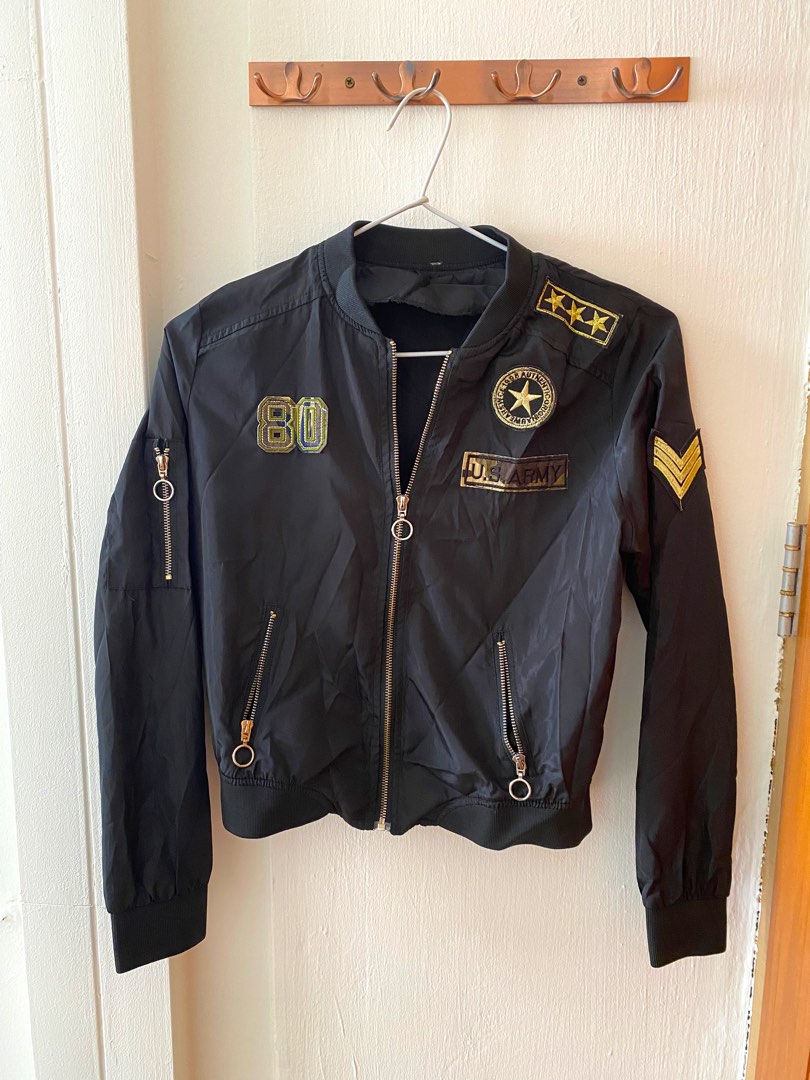 Black Military Bomber Jacket, Women's Fashion, Coats, Jackets and ...