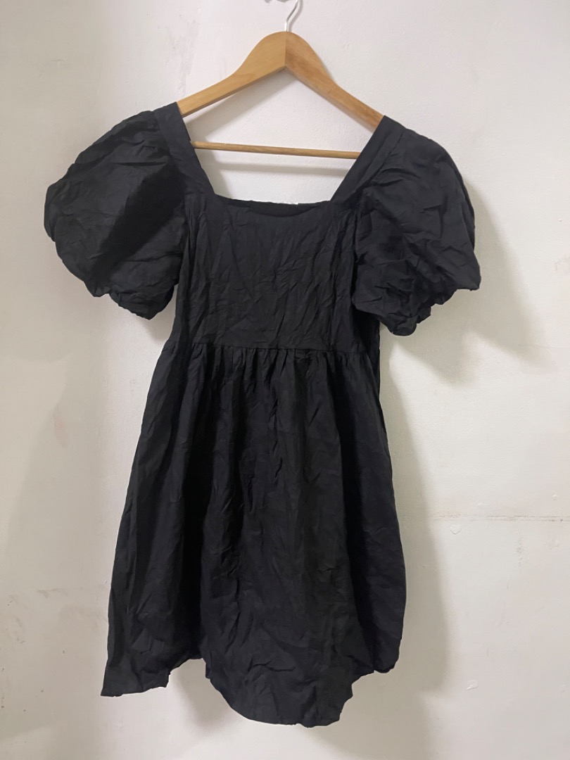 Puff Sleeve Short Dress With Pockets - Black main image 0