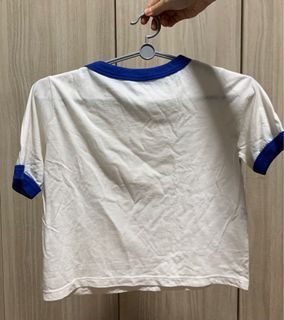 Blue collared/sleeved white crop top