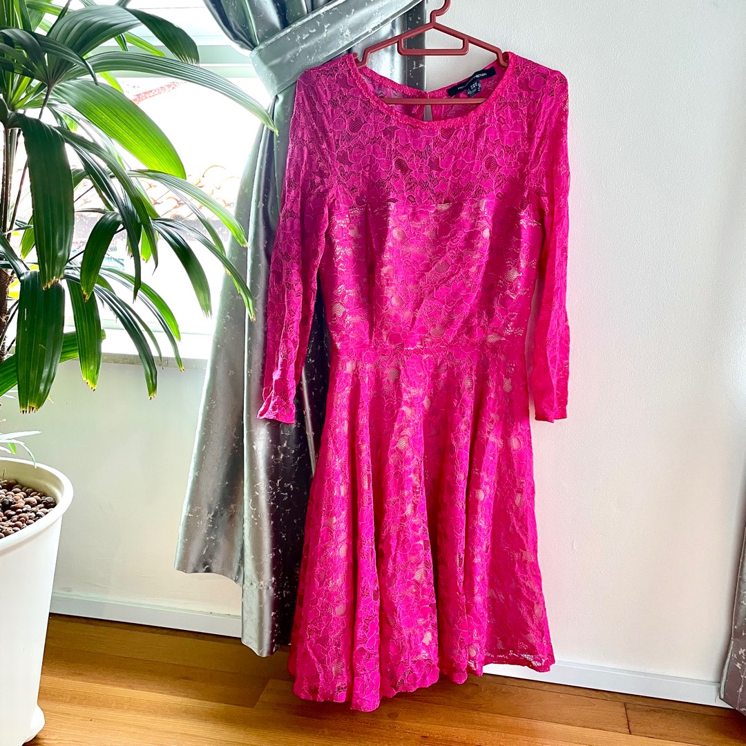 SALE FCUK French Connection hot pink lace skater dress