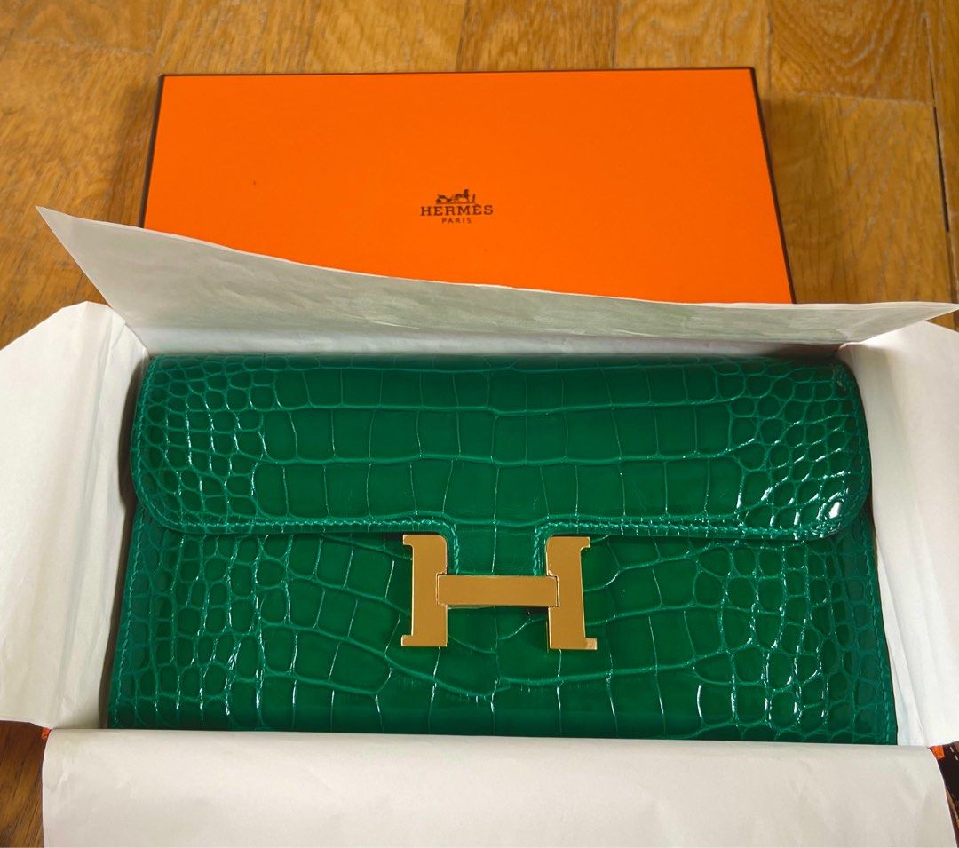 Hermes Constance Compact Black Crocodile PHW Wallet in Box