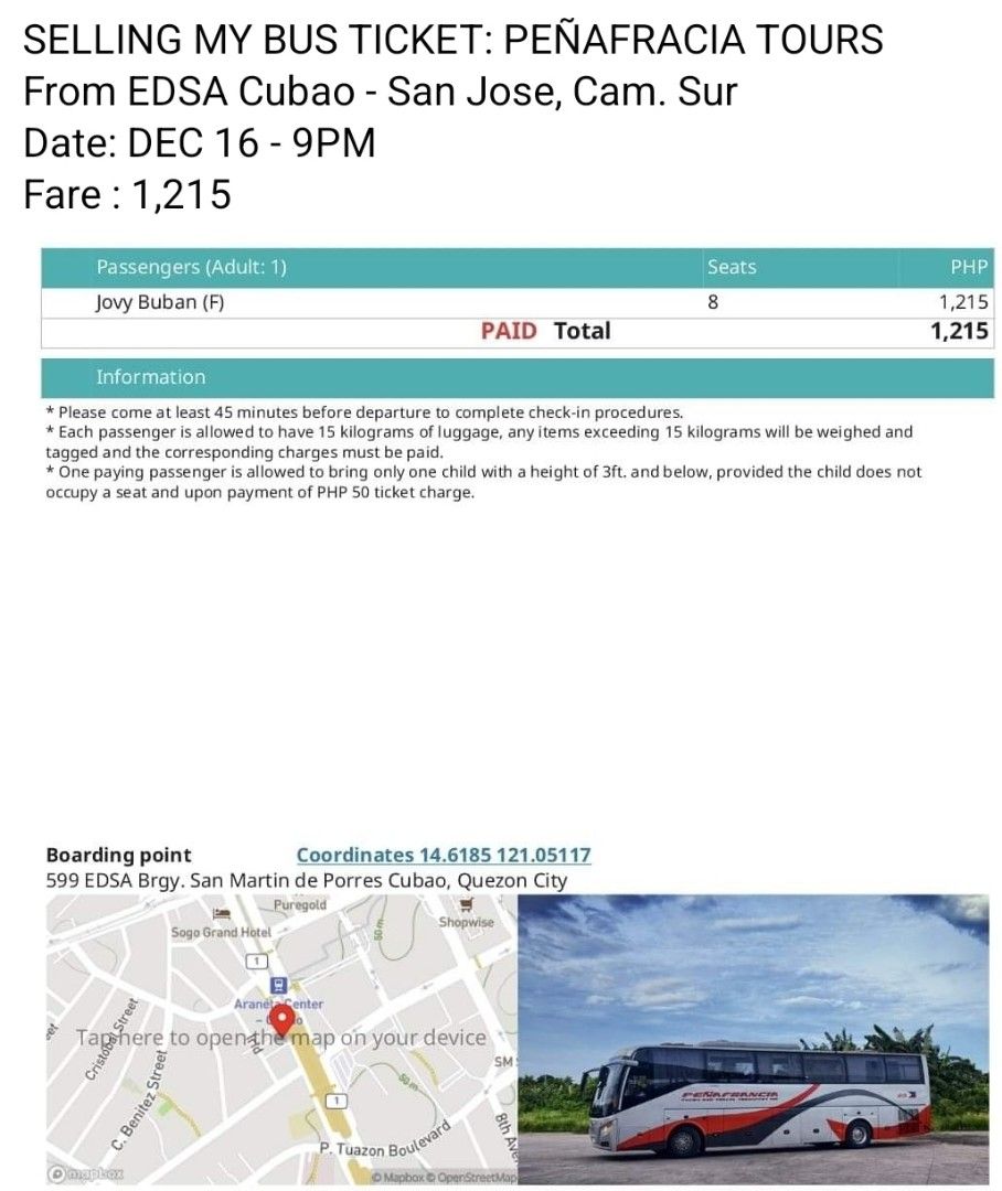 Bus ticket MANILA BICOL, Tickets & Vouchers, Local Attractions