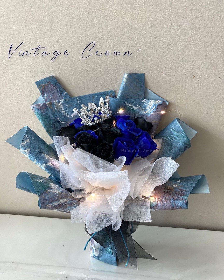 Cheapest | $65 | 14 stalk deep blue and black soap roses with silver crown  in blue vintage premium wrap Free led light and message card soap flower  bouquet 💐, Hobbies &