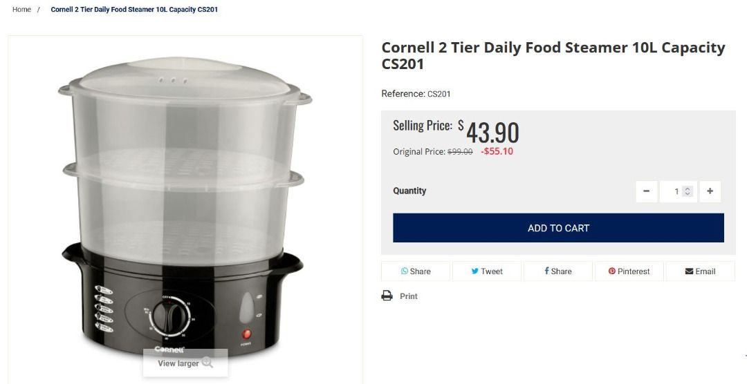 Cornell 2 Tier Daily Food Steamer 10L Capacity CS201 - Amtek