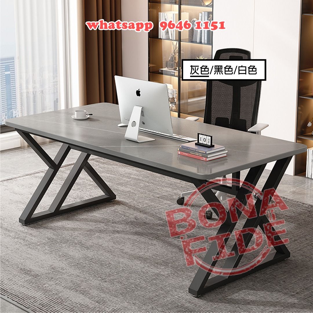 DK49-51 白石岩板 + X型金屬支架 電競桌 X-Metal Frame Computer Sintered Stone Desk ...