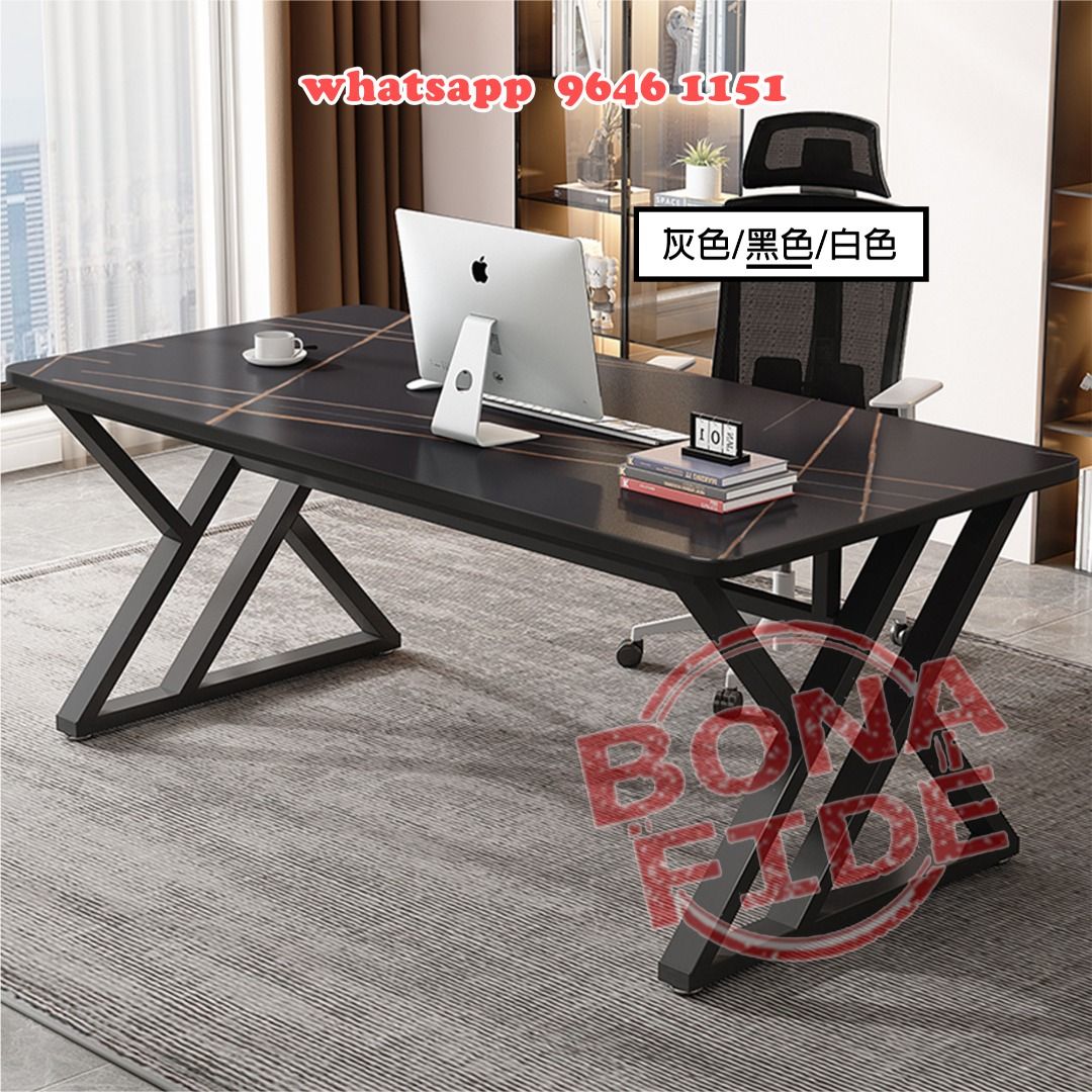DK49-51 白石岩板 + X型金屬支架 電競桌 X-Metal Frame Computer Sintered Stone Desk ...
