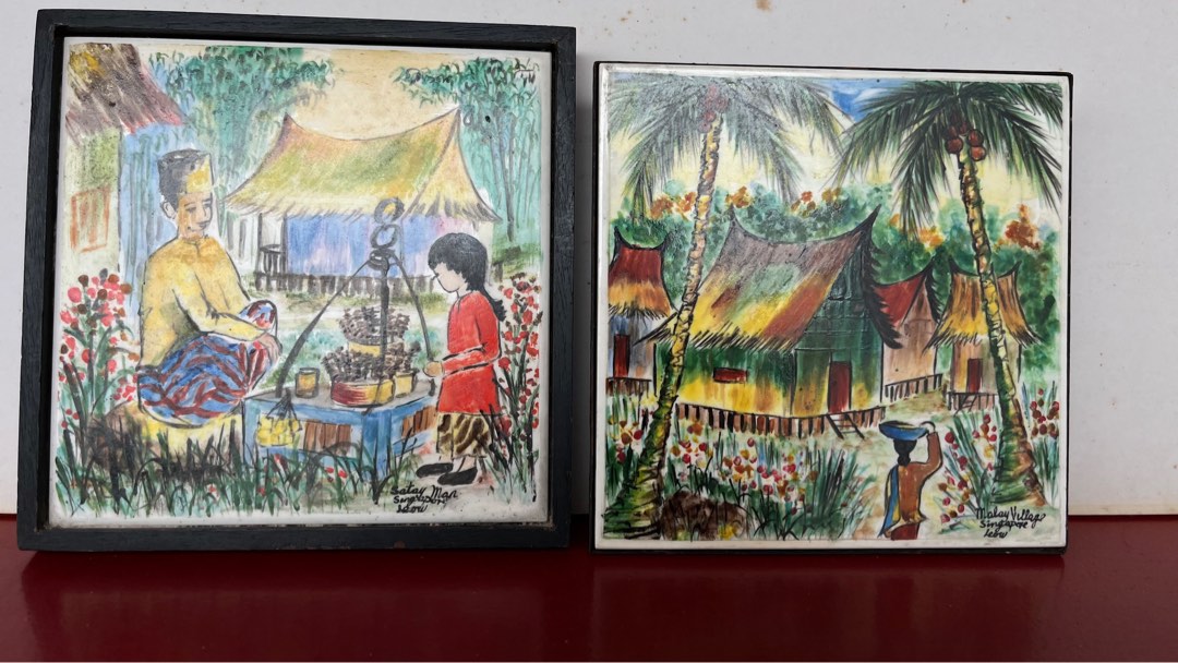 Hand painted on Tiles Malay village and satay man Singapore by Leow