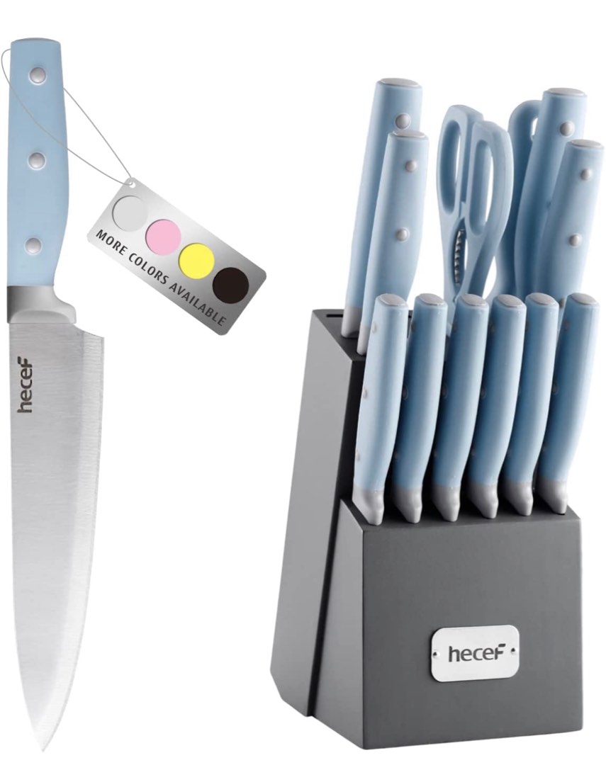 hecef Kitchen Knife Block Set, 14 Pieces Knife Set with Wooden Block