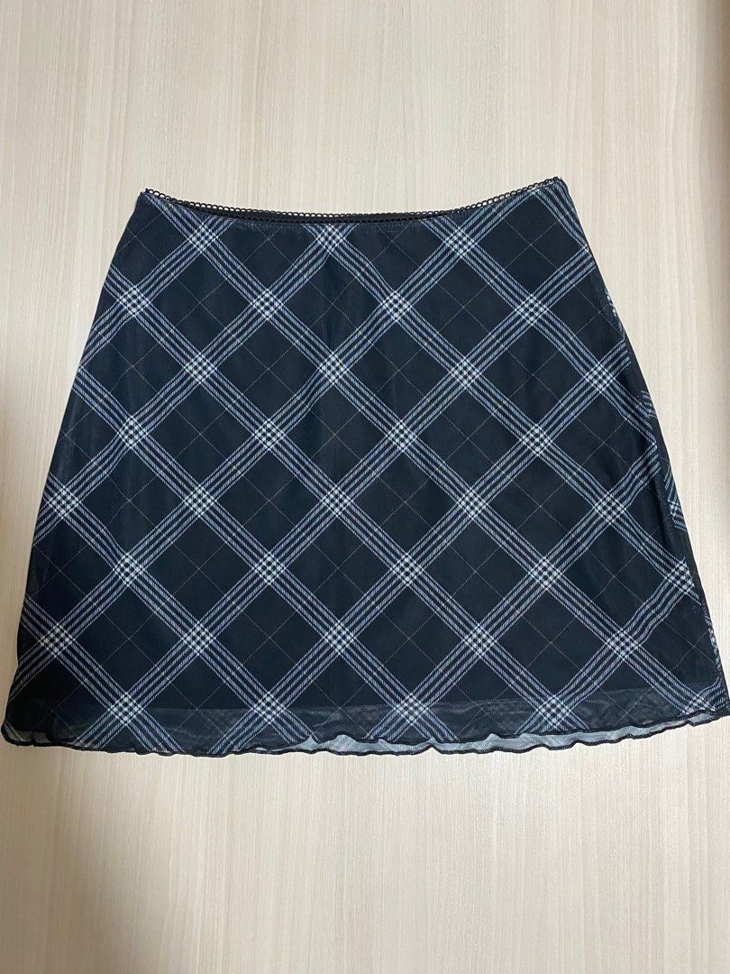 H M Mesh Mini Skirt Plaid Checkered Black and Blue Women s
