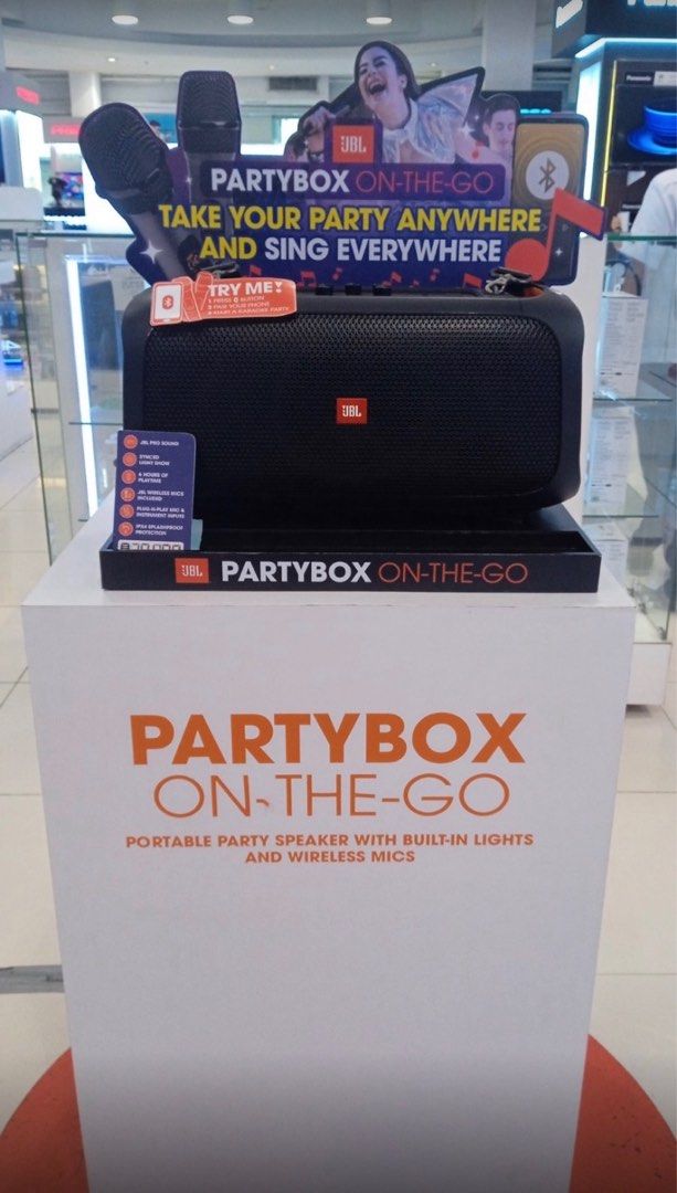 JBL PARTY BOX ON THE GO (Category: Soundbars, Speakers & Amplifiers) located in Quezon City. Submitted by maryann5721 (Listing ID 1202275618, Image 1). Description: JBL PARTYBOX ON THE GO General Specifications Maximum music playing time (hrs) 6 Output power (W) 100 Audio Specifications Dynamic frequency response range (Hz) 50 Hz - 20 KHz (-6 dB) Dimensions Control and Connection Specifications Bluetooth profiles A2DP 1.3, AVRCP 1.6 Bluetooth fre