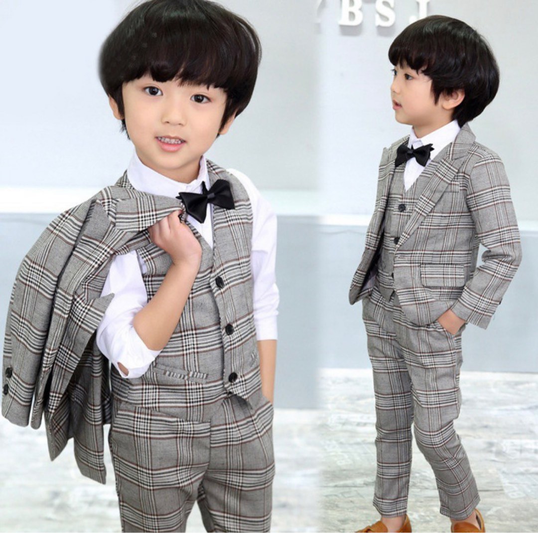 Kids Boys Formal Dress Wear Gray Plaid Jacket Pants Vest Bowtie Suit
