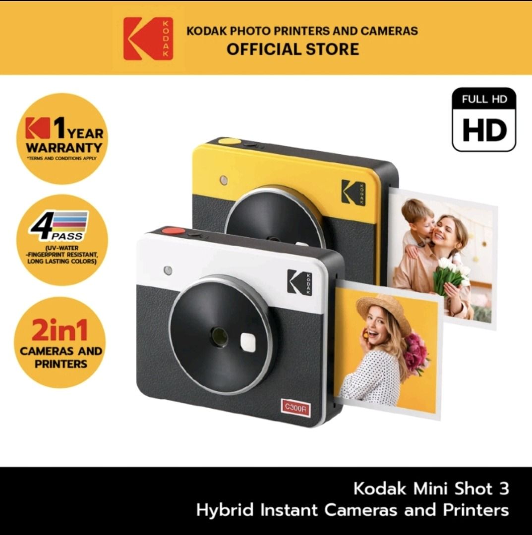 KODAK Mini Shot 3 Retro 4PASS 2-in-1 Instant Camera and Photo Printer (3x3  inches) + 8 Sheets, Yellow 